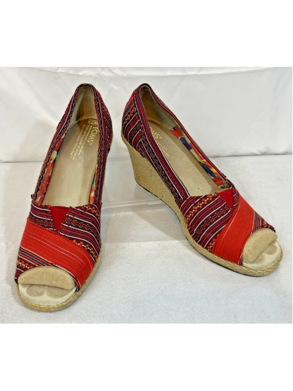 Toms Lina Peep Toe Espadrille Wedges Aztec Western striped floral red pink 7 1/2